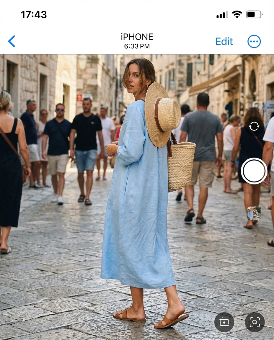 Elegant sky blue linen maxi dress, tan flat sandals, and a straw tote for chic Italy summer outfits 2026. Perfect for resort wear.