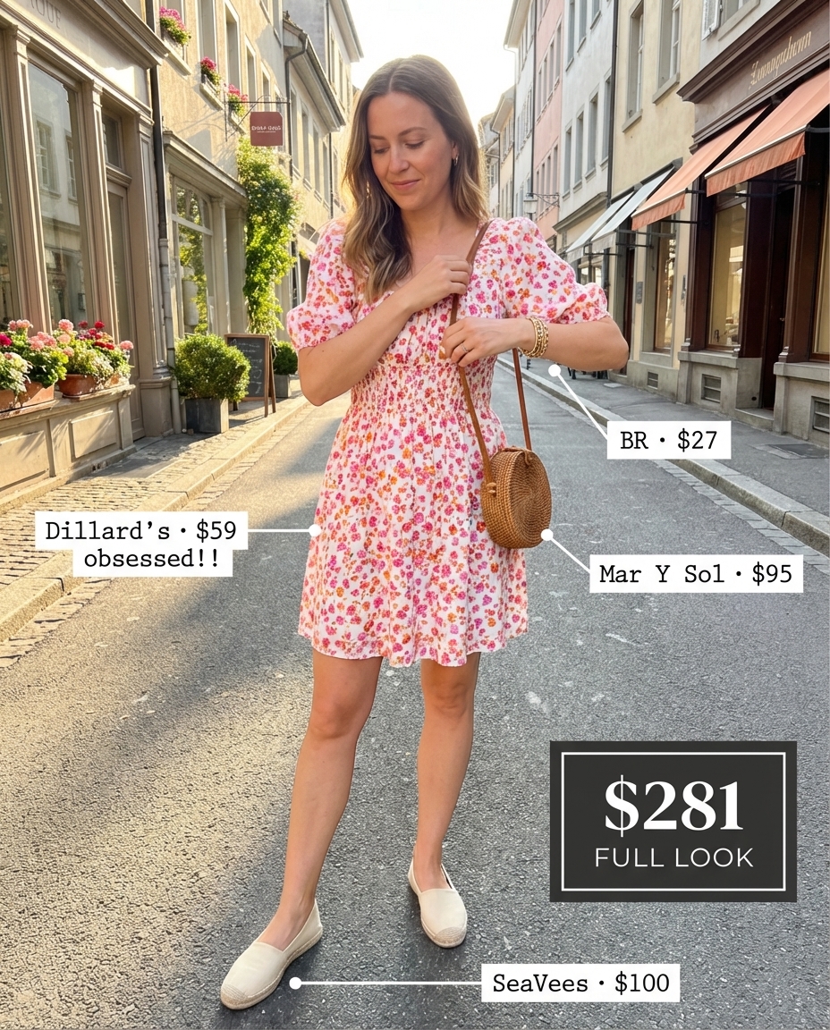 Vibrant floral print smocked mini dress, white espadrille flats, and a woven crossbody bag for playful Italy summer outfits 2026.
