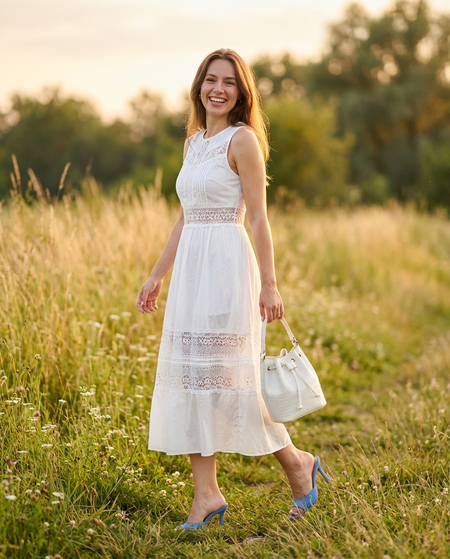 Playful coral and teal floral mini sundress with white braided sandals and a circular straw bag, ideal for Italy summer outfits 2026.