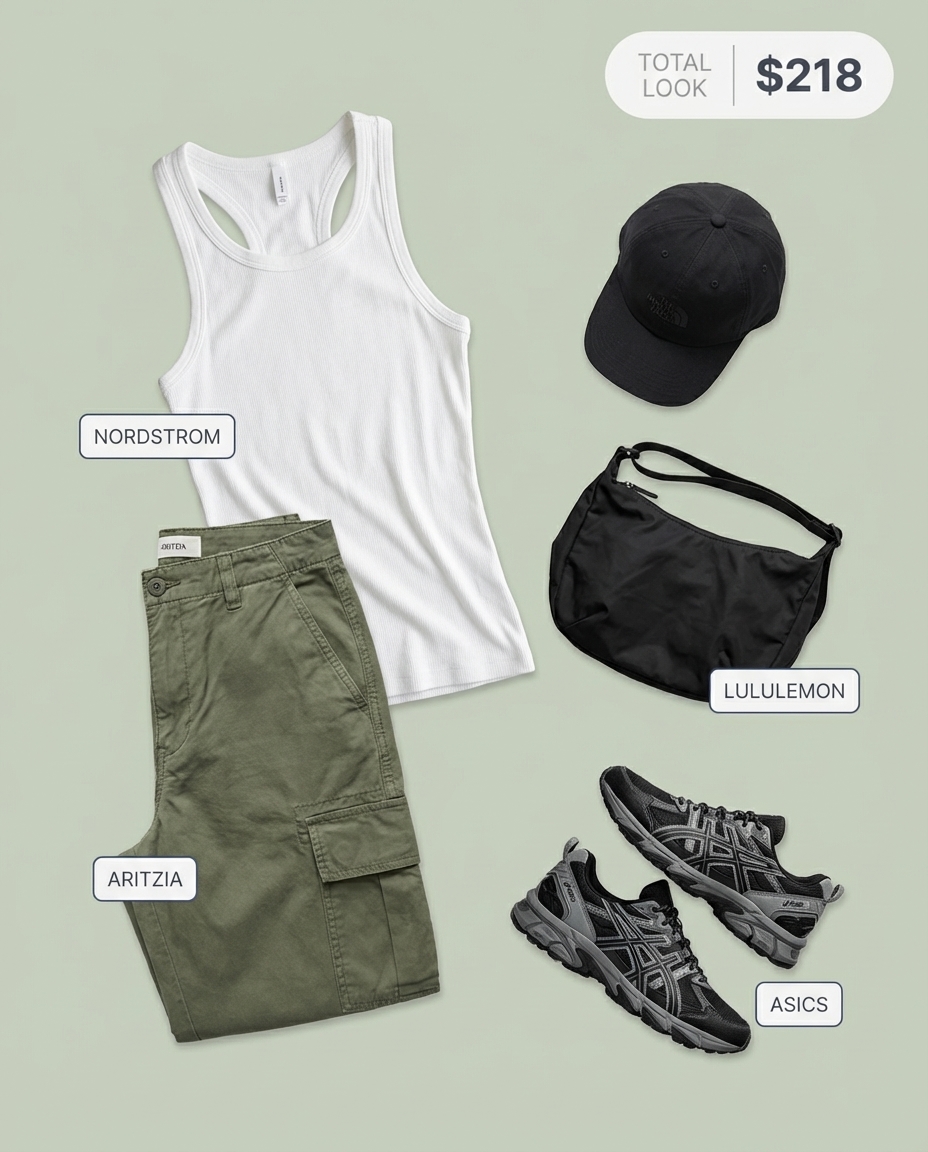 Adventurous Italy summer outfit for 2026 featuring khaki green cargo pants, a white ribbed tank top, black trail sneakers, and a crossbody bag, perfect for a coastal hike.