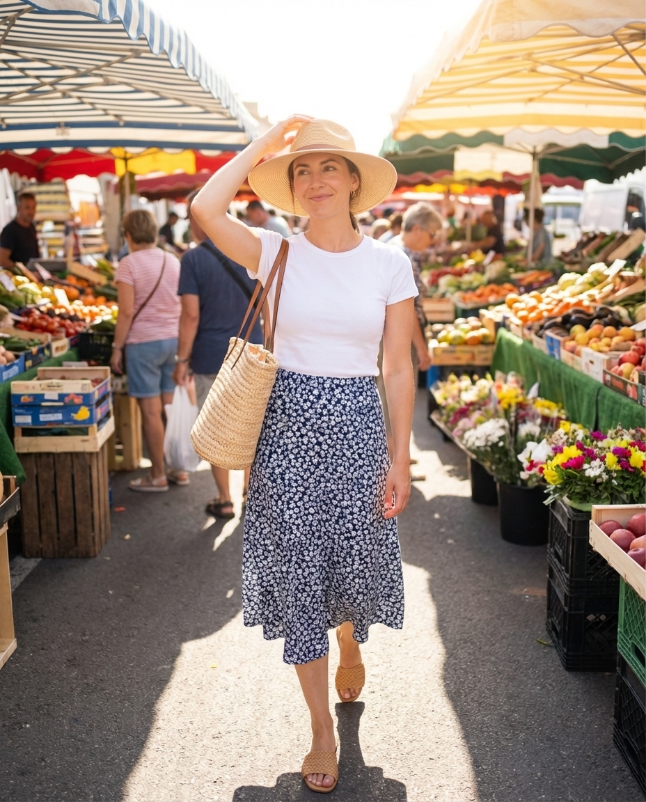 Charming Italy summer outfit for 2026 featuring a navy blue floral midi skirt, a white fitted t-shirt, tan leather slide sandals, and a straw hat, perfect for city exploration in Florence.