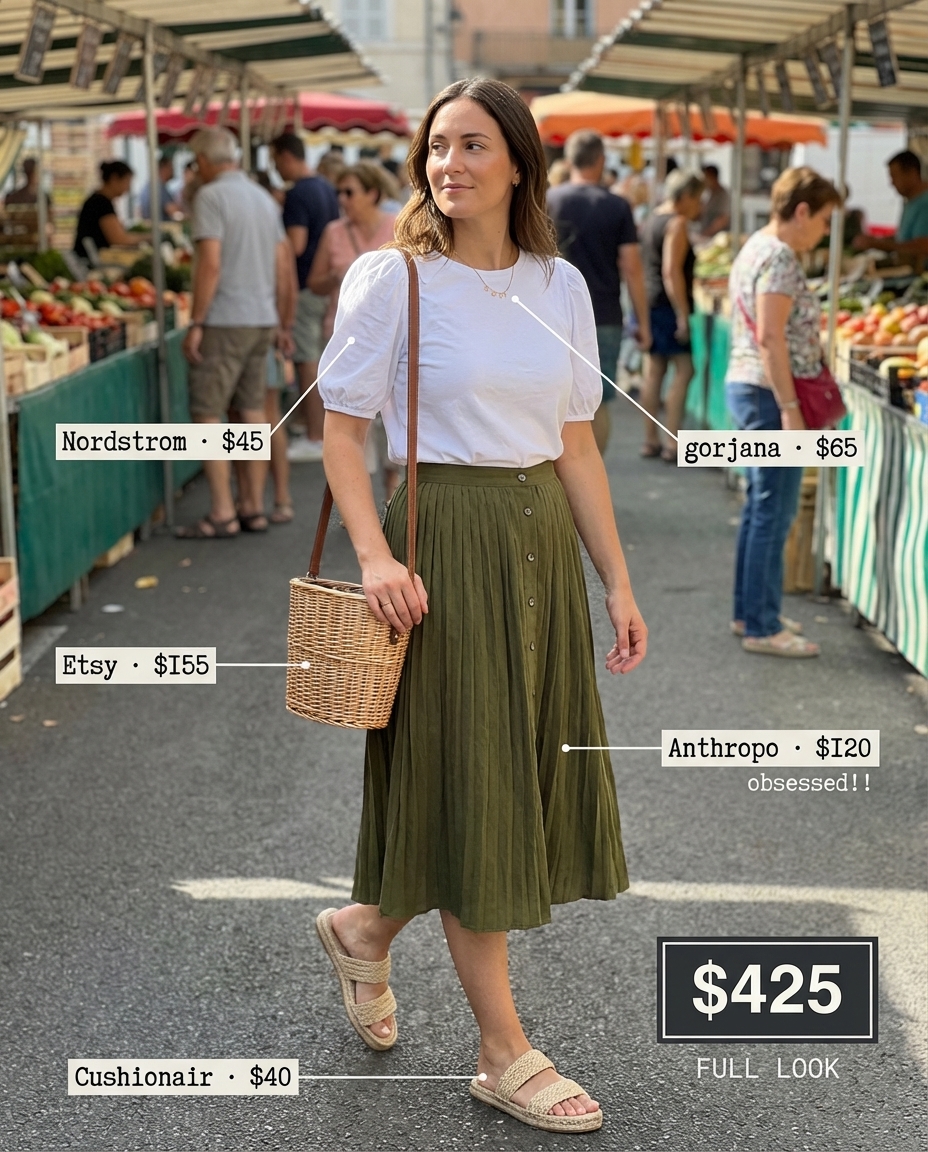 Charming Italy summer outfit for 2026 featuring an olive green button-front midi skirt, a white puff-sleeve blouse, wicker basket bag, and flat espadrille sandals, perfect for market shopping in Florence.