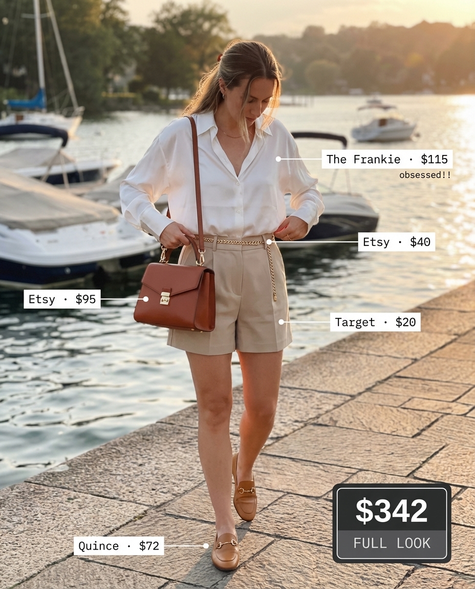 Polished white silk button-down, tailored beige linen shorts, and tan leather mules create refined Italy summer outfits 2026.