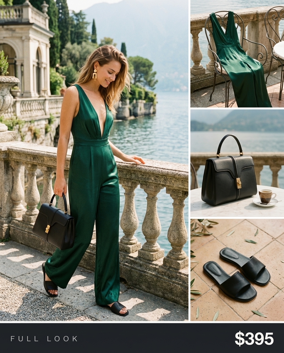 Sophisticated Italy summer outfit for 2026 featuring an emerald green wide-leg crepe jumpsuit, black leather slide sandals, and a structured top-handle bag, perfect for a Lake Como villa visit.