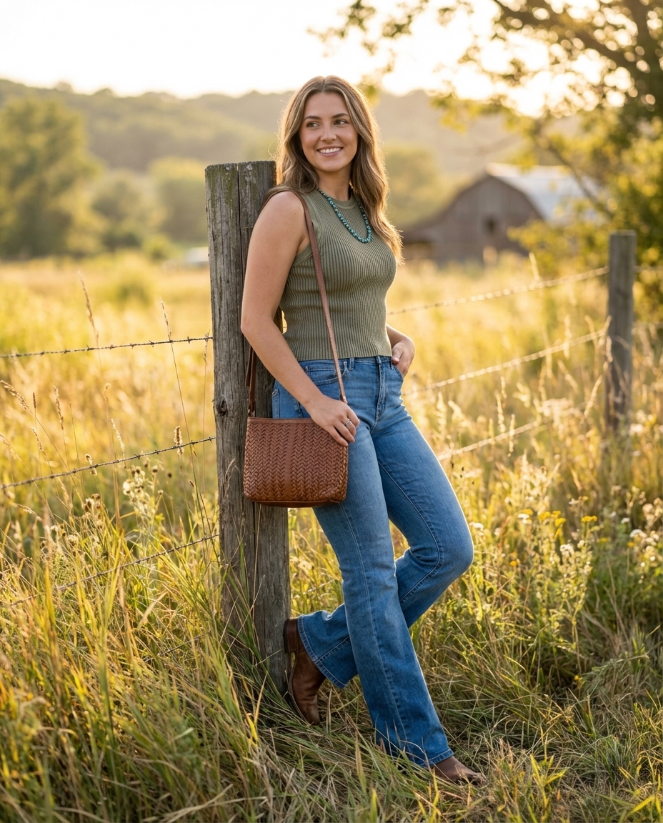 Rustic chic Italy summer outfit for 2026 featuring a crisp white off-the-shoulder blouse, light wash wide-leg denim jeans, dark brown leather sandals, and stacked gold bangles, perfect for a Puglia farmhouse getaway.