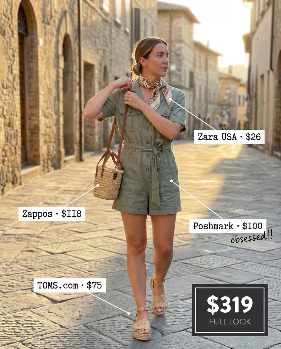 Rustic sage green linen utility romper, espadrille sandals, and a straw bag for a Puglia farmhouse getaway. A comfortable italy summer outfit 2026.