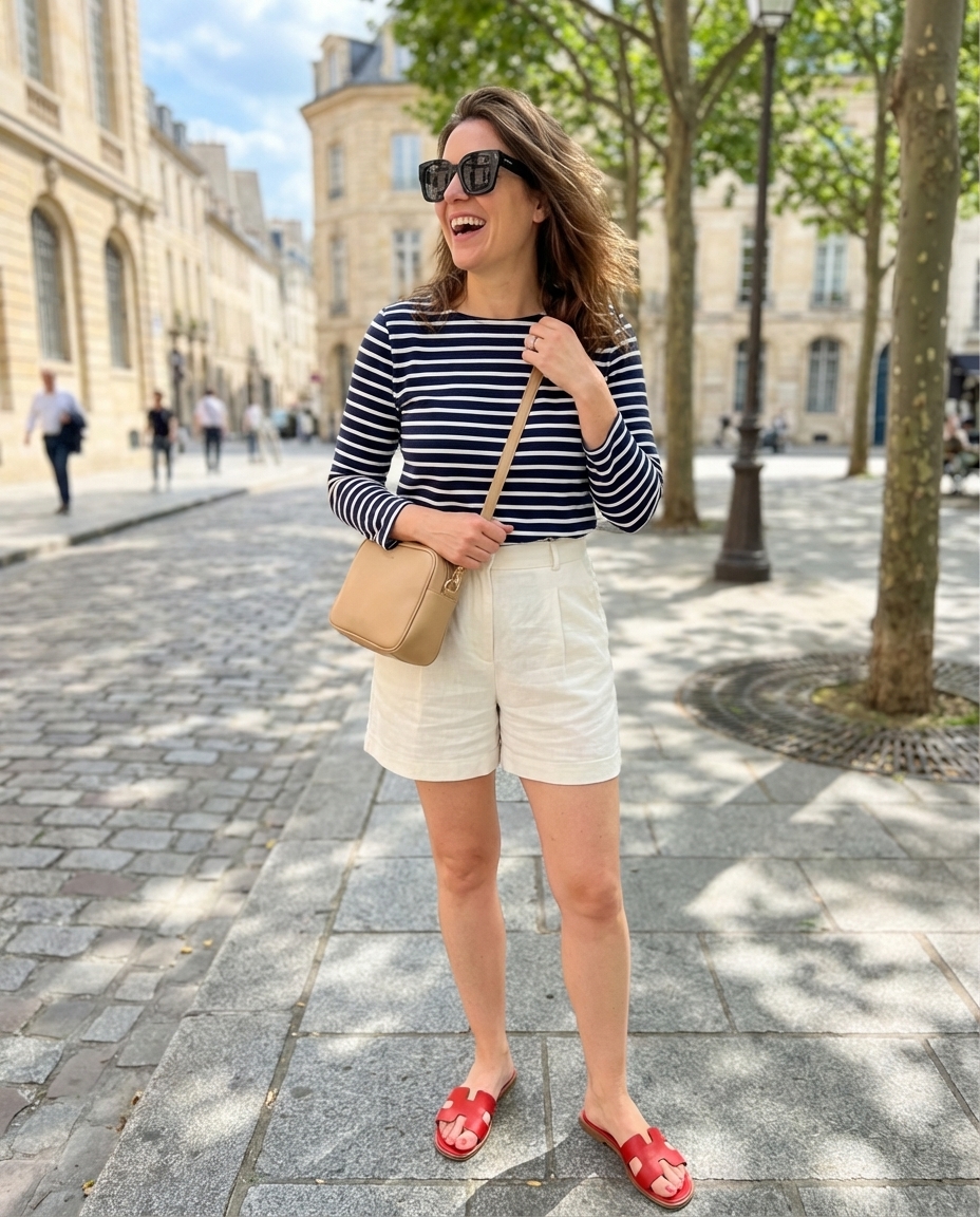Classic navy linen shorts, a Breton striped tee, and red flat sandals make a comfortable Italy summer outfit 2026 for city explorers.