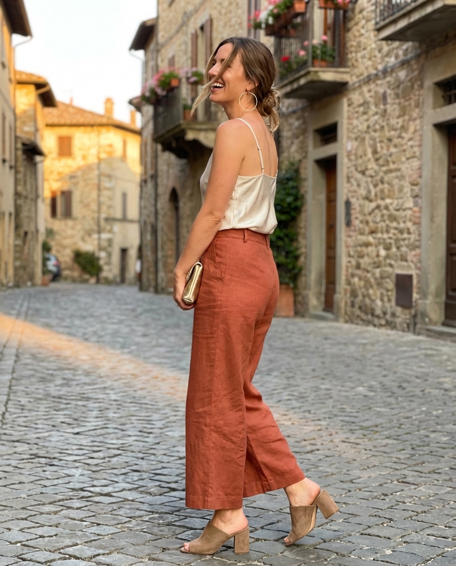 Romantic terracotta and cream italy summer outfit 2026 for a Tuscan sunset dinner. Includes terracotta linen trousers, a silk camisole, nude mules, and a structured clutch.