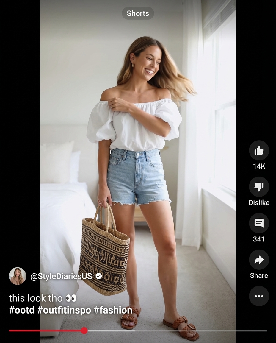 Bohemian off-the-shoulder smocked blouse, denim shorts, and terracotta slides for charming Italy summer outfits 2026 vineyard tours.