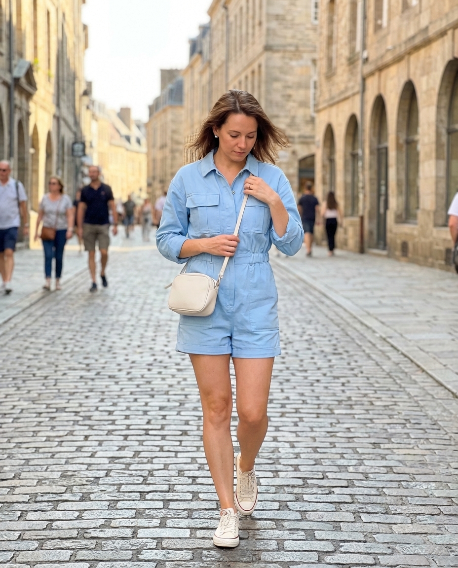 Playful Italy summer outfit for 2026 featuring a sky blue utility-style romper, white leather sneakers, and a structured mini crossbody bag, perfect for a Venetian canal cruise.