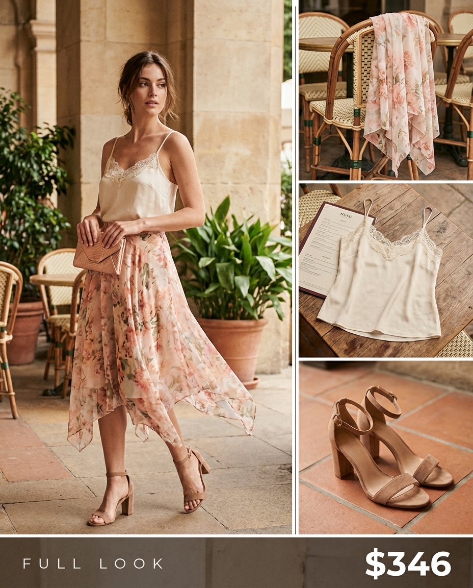 Romantic Italy summer outfit for 2026 featuring a soft pink floral chiffon midi skirt, a cream satin camisole, nude pink block heel sandals, and delicate rose gold earrings, perfect for an evening stroll in Verona.