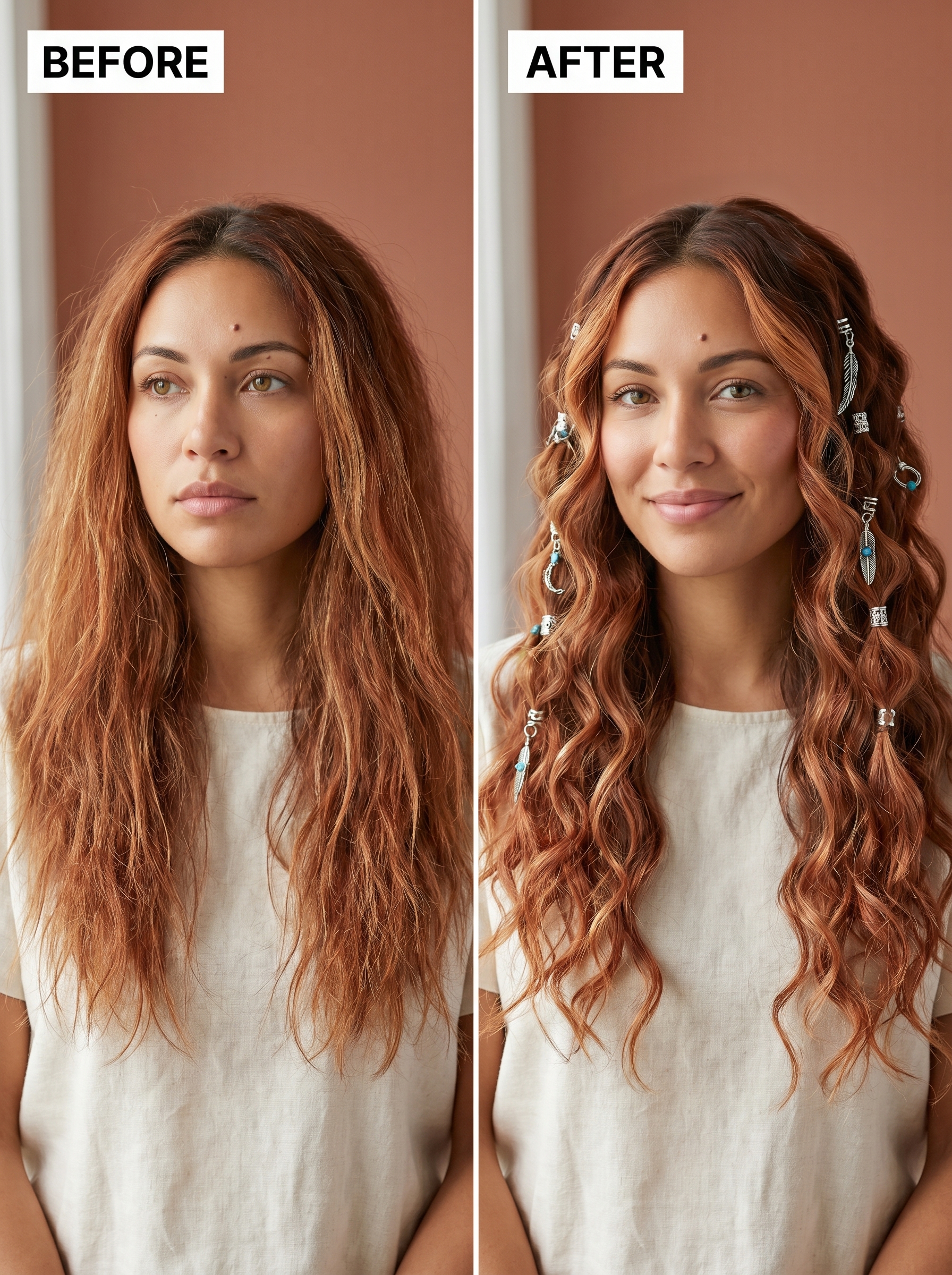 Coastal Cowgirl Bubble Tendrils | Fun Long Hair Summer 2026 Playful Terracotta Balayage long hair summer hairstyle 2026 featuring Coastal Cowgirl Bubble Tendrils, adorned with turquoise charms, for outdoor festivals.