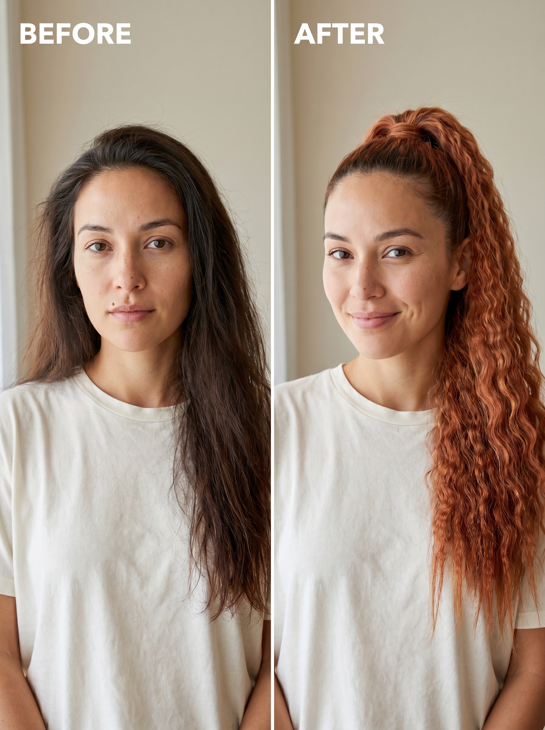 Bold Crimped Ponytail: Long Hair Summer Hairstyles 2026 A woman with terracotta balayage and nectarine blonde long hair in a crimped texture ponytail, perfect for long hair summer hairstyles 2026. This bold and playful look is achieved with a micro-crimping iron, suitable for a date night or outdoor festival.