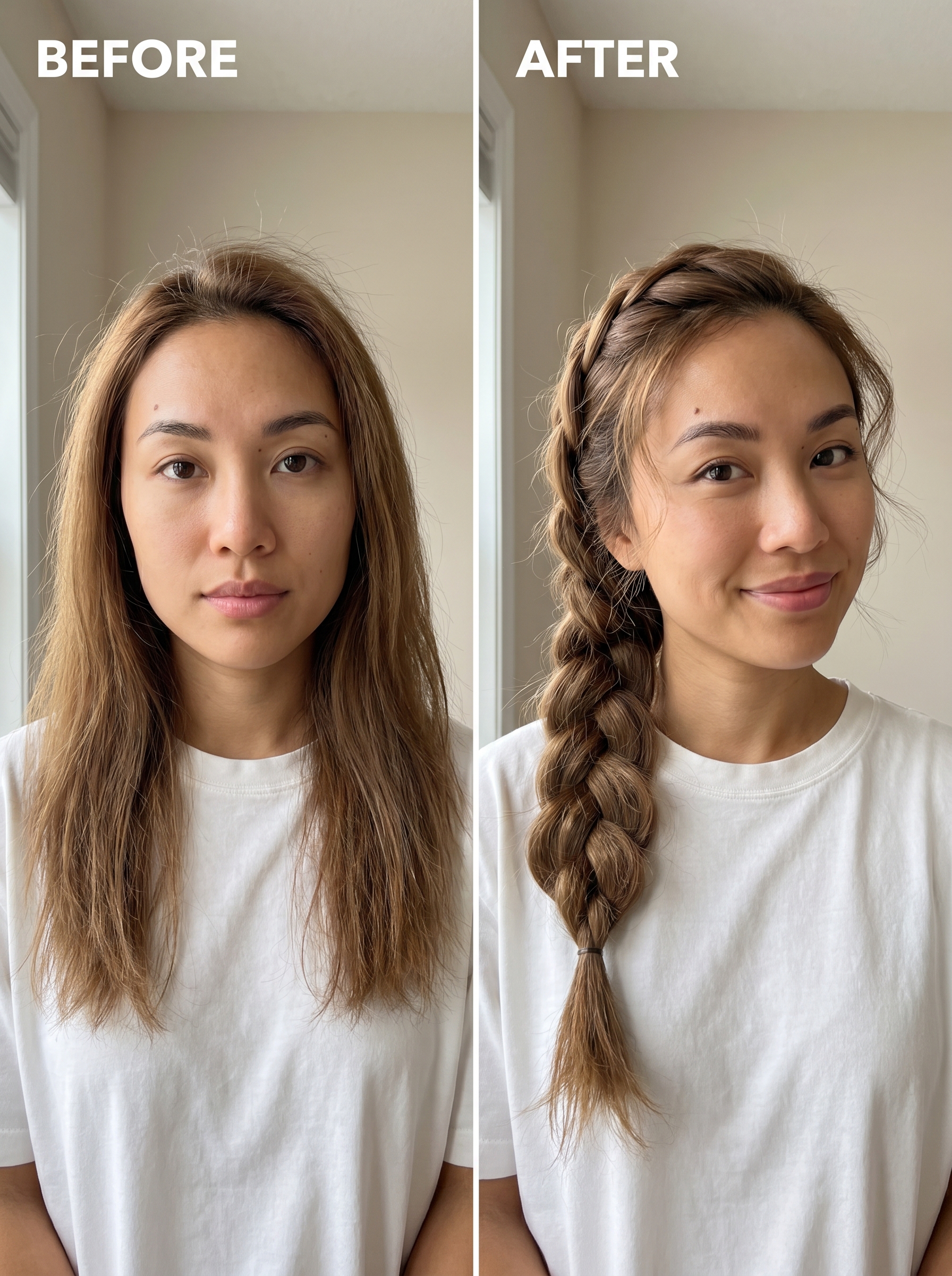 Effortless 'Pancake' Braid for Long Hair | Summer Hairstyles 2026 Beautiful Nectarine Blonde long hair summer hairstyle 2026, featuring a relaxed 'Pancake' Braid with Scandi-Hairline for a beach day. Styled with volumizing spray and clear elastics.