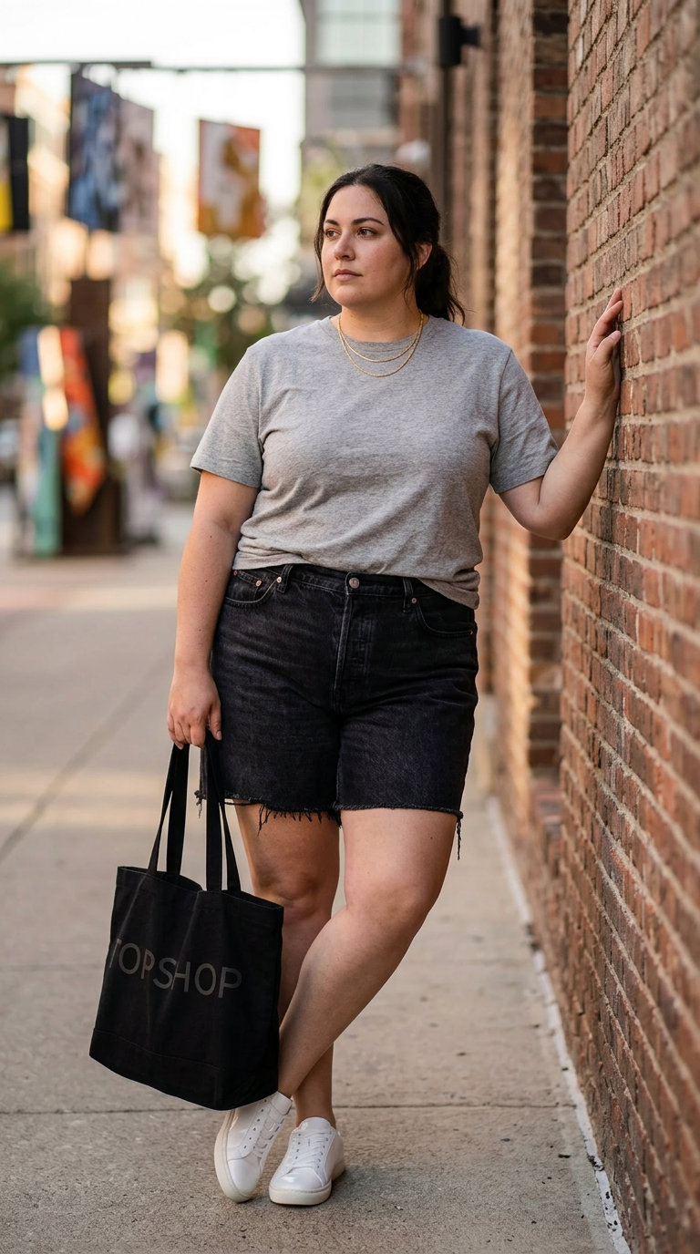 Edgy casual grey tee, washed black high-waisted denim shorts, white sneakers, and black canvas tote. Styling plus size summer outfits for everyday.