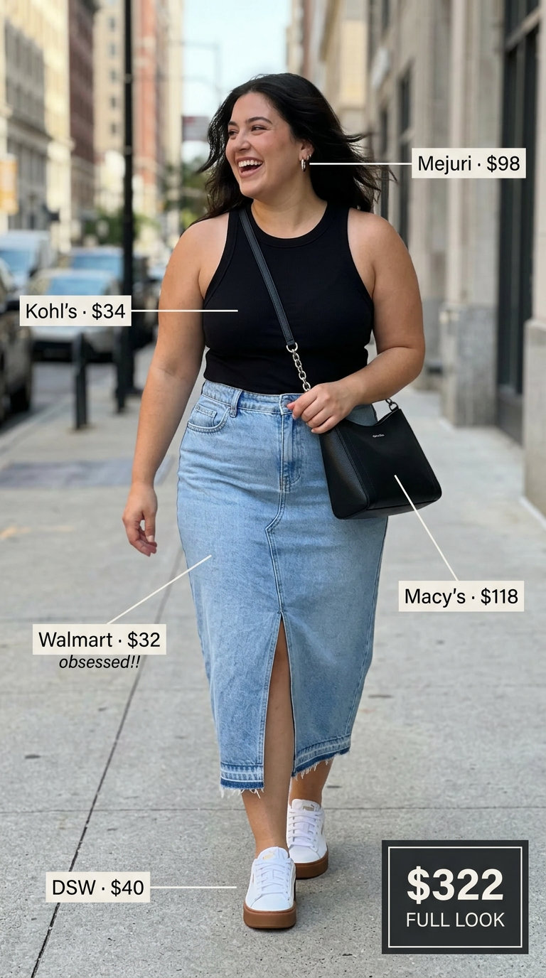 Chic plus size summer city stroll outfit with a denim midi skirt, black racerback tank, platform sneakers, and a shoulder bag for 2026 street style.