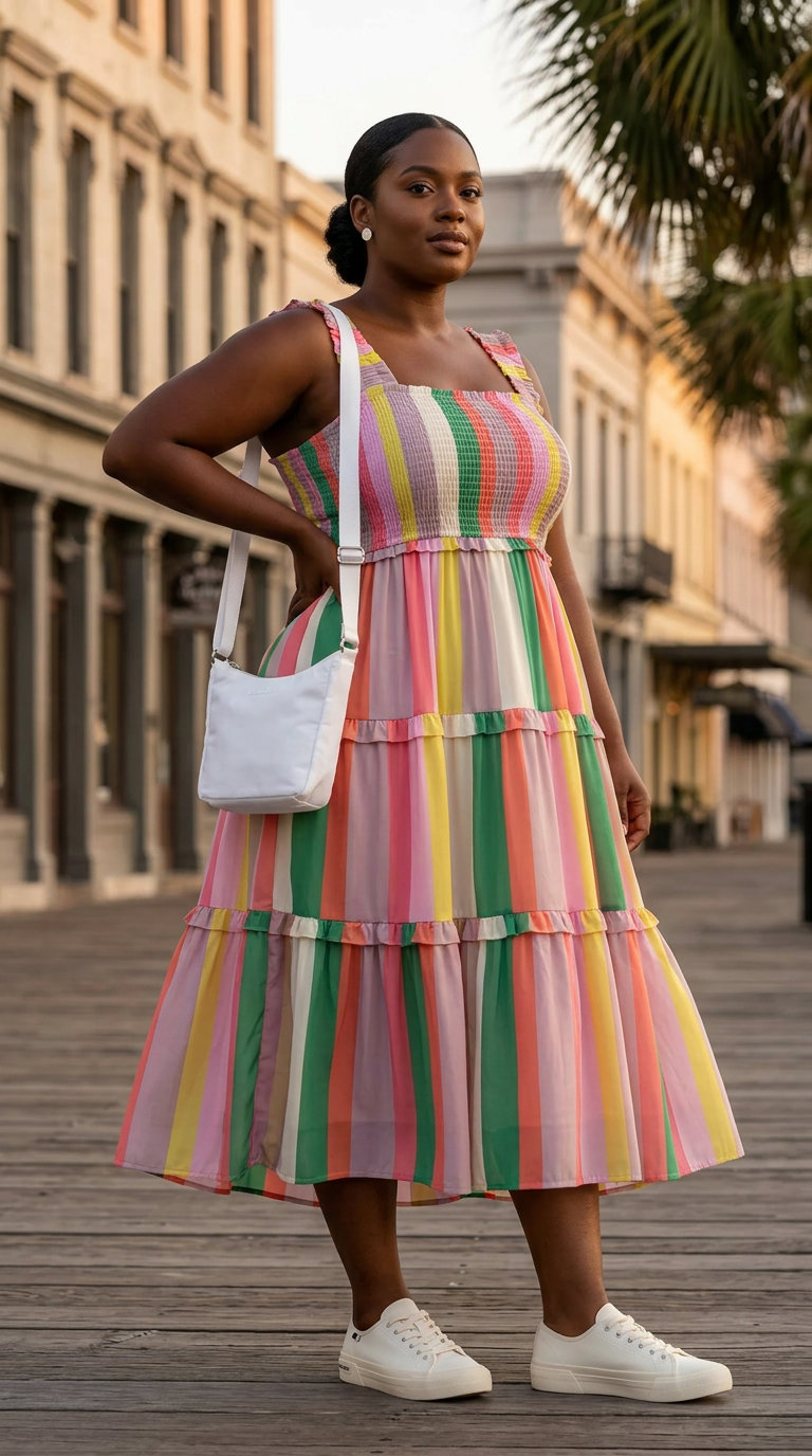Vibrant multi-stripe plus size midi dress with A-line cut worn with white sneakers and mini crossbody. A playful choice for plus size summer outfits.