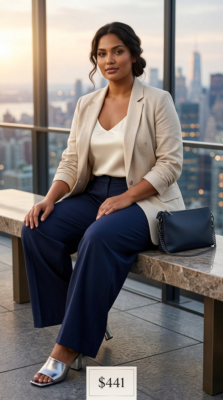 Sophisticated navy linen blend wide-leg trousers, cream camisole, linen blazer, and silver mules. Chic plus size summer outfits for coastal evenings.