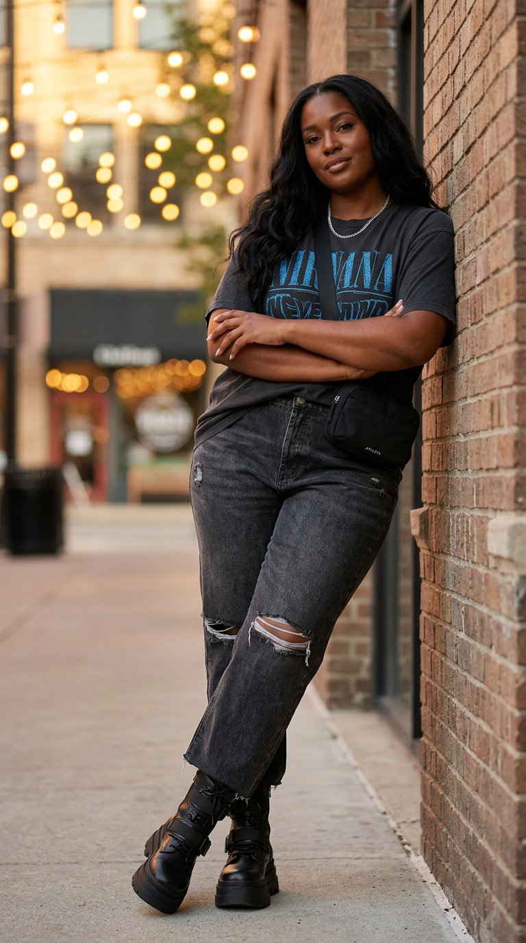 Edgy charcoal graphic tee, washed black distressed jeans, platform combat boots, and black belt bag. Cool plus size summer outfits for concerts.