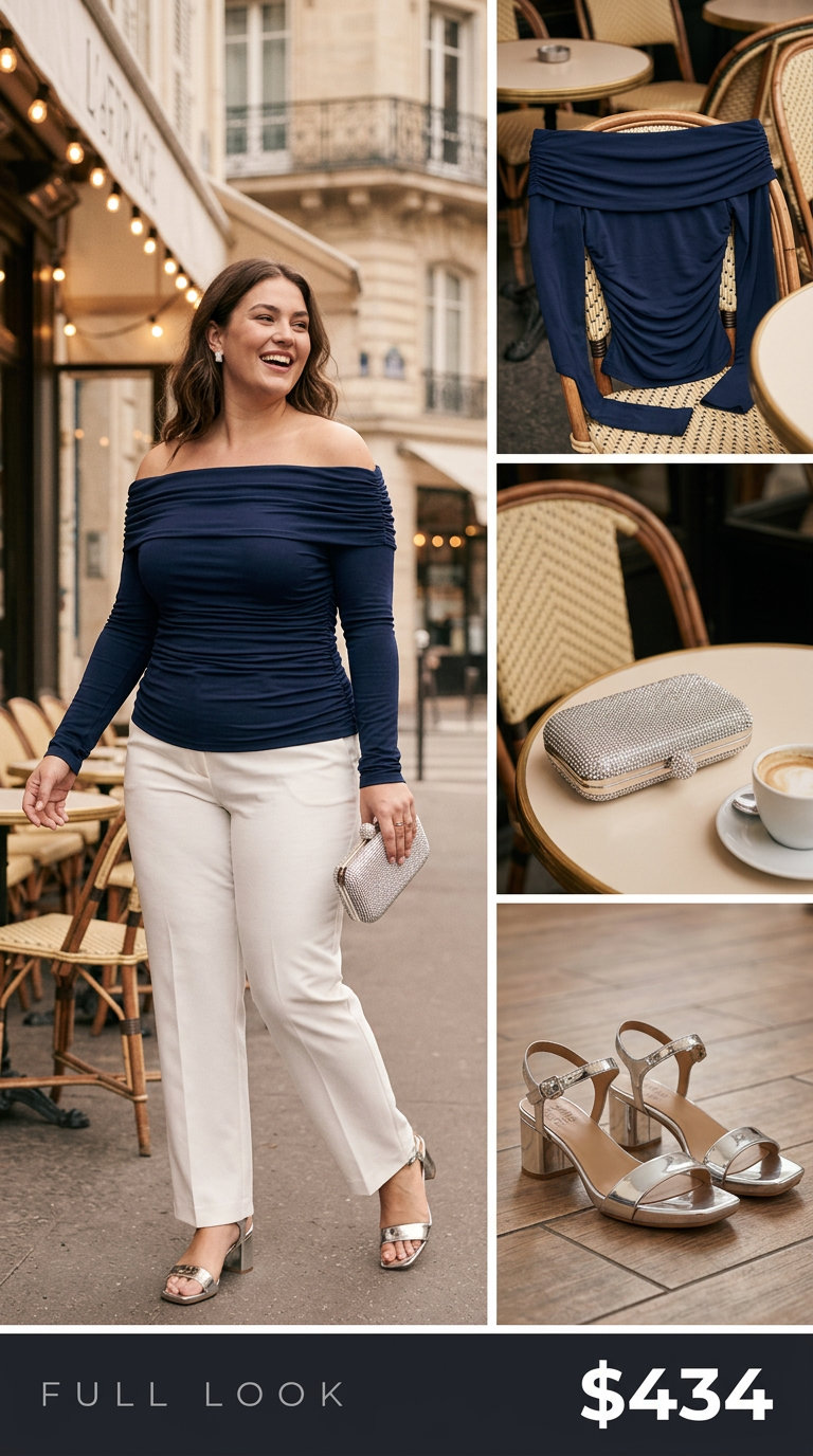 Sophisticated plus size summer evening outfit with navy wide-leg trousers, a white off-shoulder top, silver sandals, and a satin clutch for 2026.