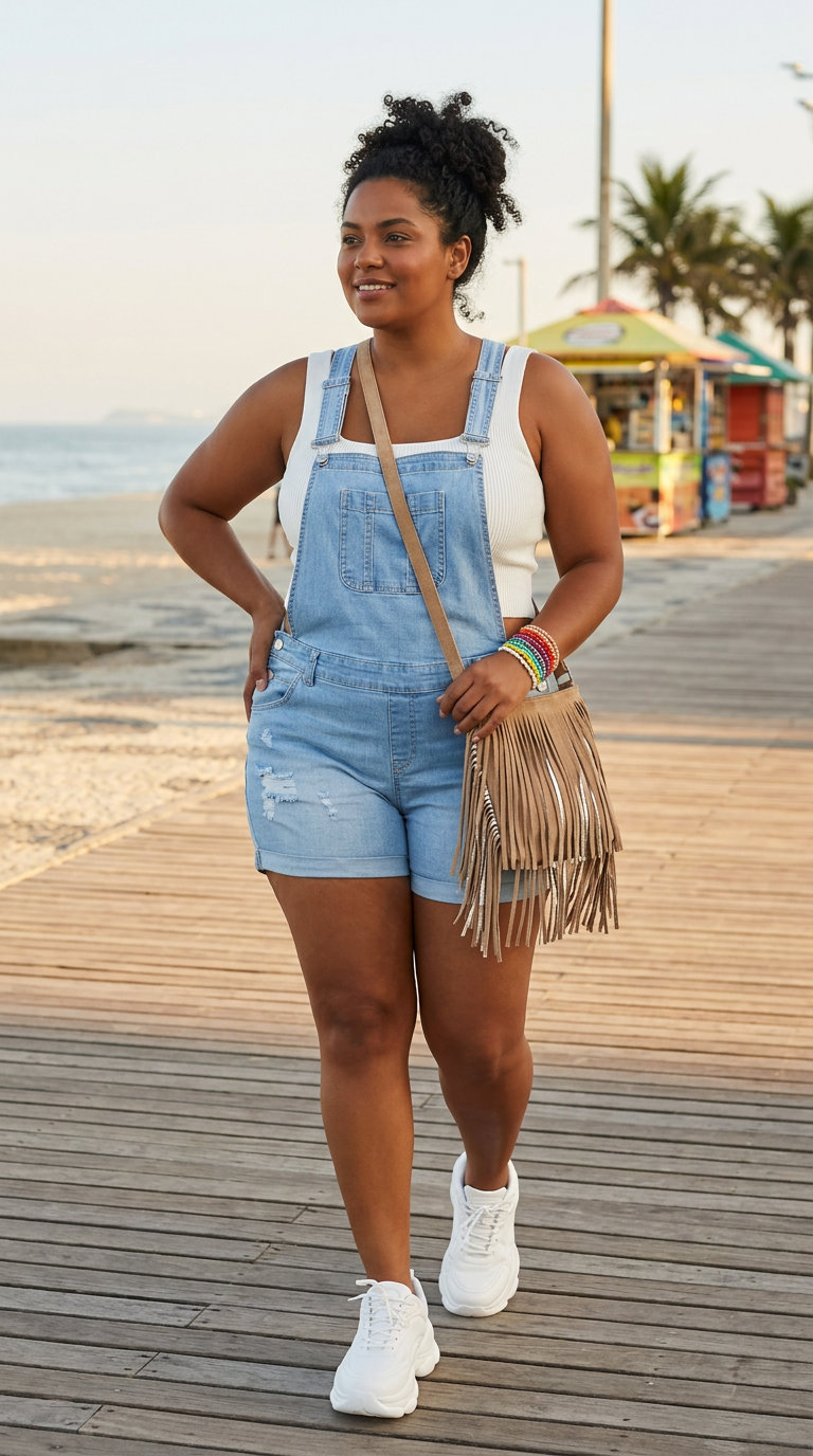 Youthful plus size summer festival outfit with light wash denim shortalls, a white crop tank, chunky platforms, and a fringed crossbody for 2026 trends.