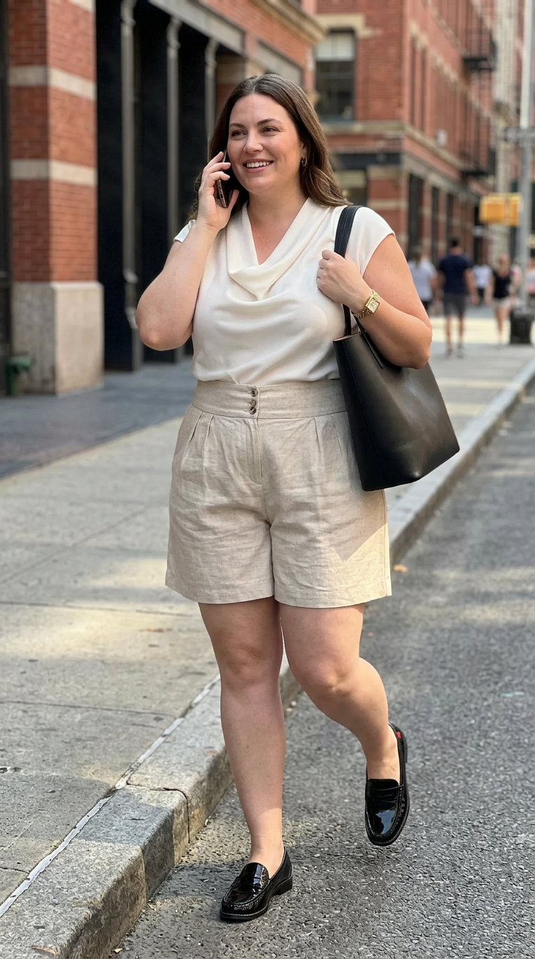 Professional plus size summer office outfit with beige linen shorts, a white silk blouse, black loafers, and a structured tote for an elegant look in 2026.