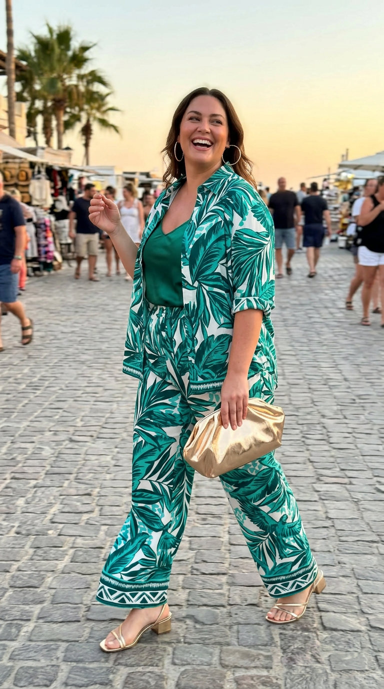 Elegant emerald green tropical print matching set, wide-leg pants and blouse, with satin camisole and gold accessories. Glamorous plus size summer outfits.