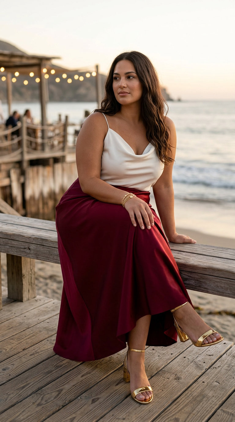 Romantic burgundy silk maxi skirt, cream cowl neck camisole, bronze strappy sandals, and metallic clutch. Sophisticated plus size summer outfits.