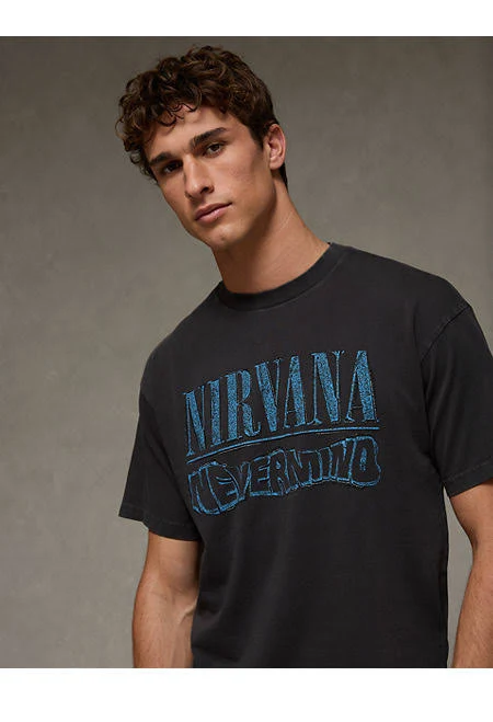 top AE Men's Boxy Nirvana Graphic T-Shirt American Eagle Outfitters $26.21