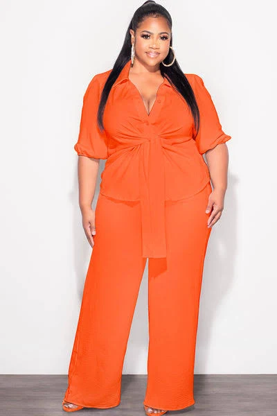 matching set Chic and Curvy Linen Button Up Collar Top and Pants Set Chic And Curvy $99