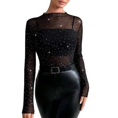 top Coolmee Women's Mesh Sheer Glitter Through Long Sleeve Mock Neck Top Target $29.99