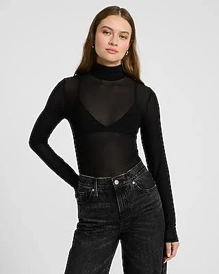 top Express Women's Fitted Mesh Mock Neck Long Sleeve Bodysuit Express $38