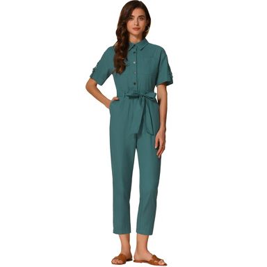 jumpsuit Inspire Chic Women's Short Sleeve Collared Button Down Tie Waist Cargo Jumpsuit Target $56.99