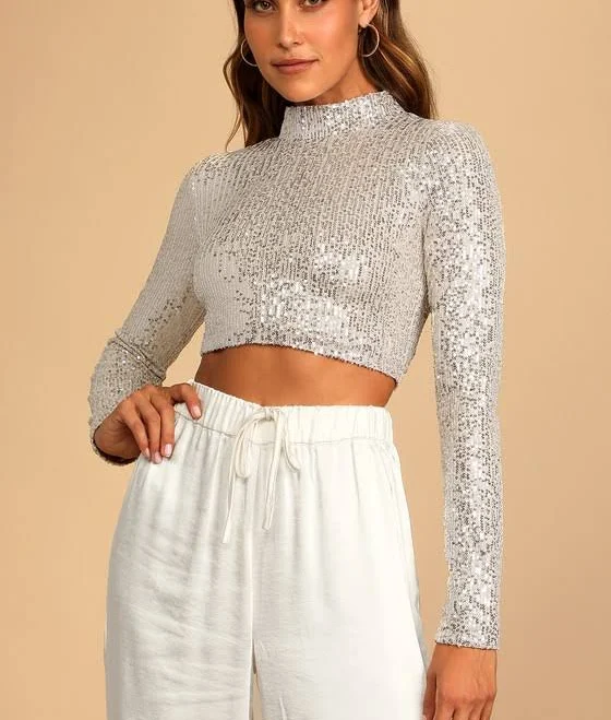 crop top Lulus Long Sleeve Mock Neck Sequin Crop Top Lulus $49