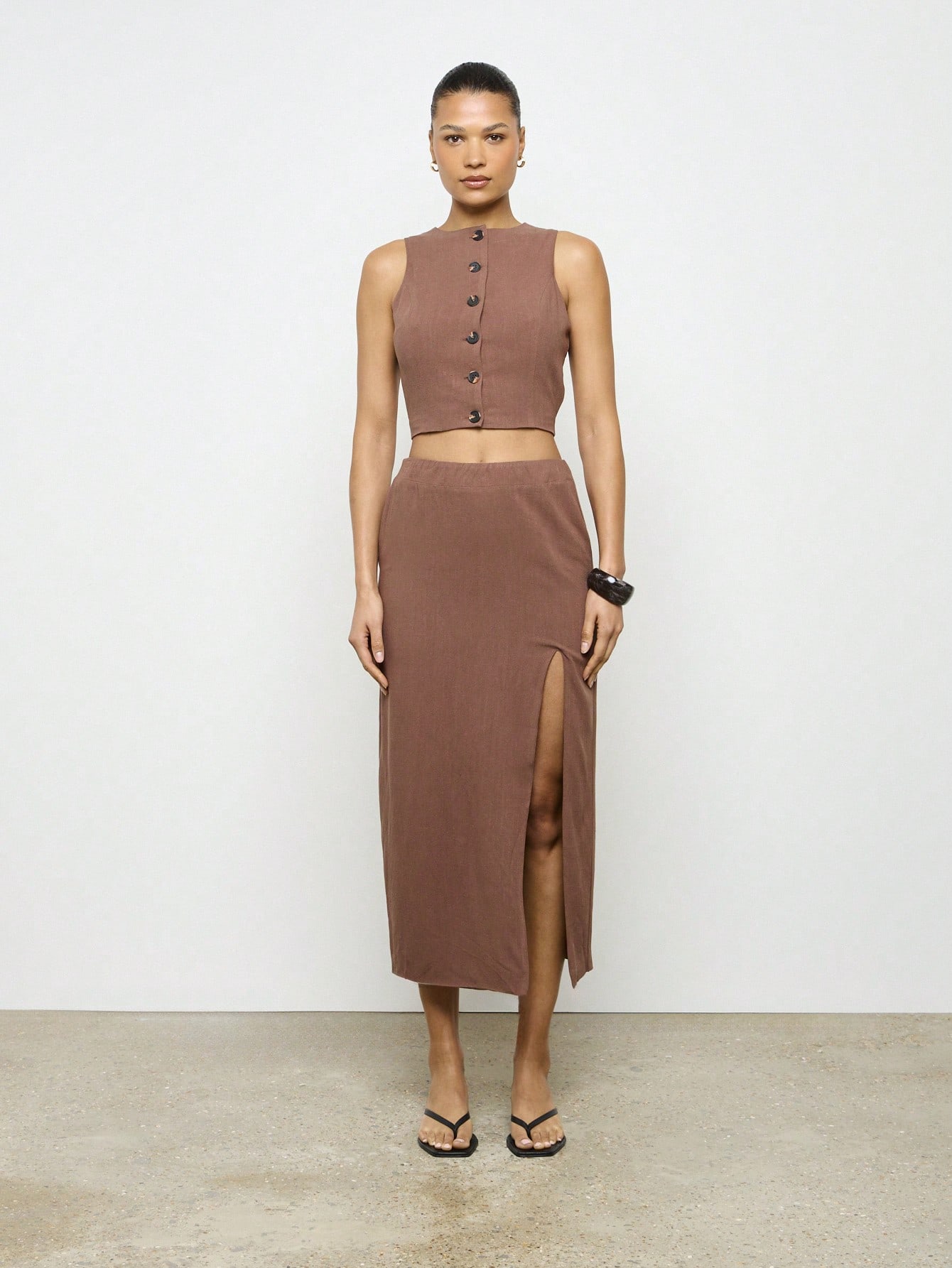 matching set Missguided Aiirz Linen Look Button Front Crop Top and High Waist Maxi Skirt Set missguided $21.46
