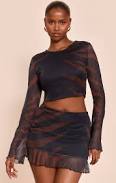 top PrettyLittleThing Women's Abstract Print Mesh Long Sleeve Top in Black | Size: 0 Nasty Gal - US $9.5