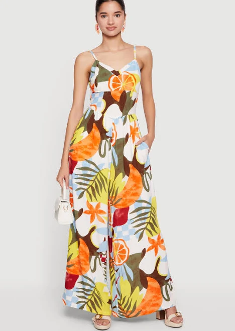 jumpsuit Women's Abstract Tropical Print Wide Leg Cami Jumpsuit Rainbow Shops $21.99