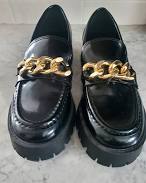 shoes Womens Guess Black Faux Vegan Leather Loafers Chunky Gold Chain Lug eBay $36