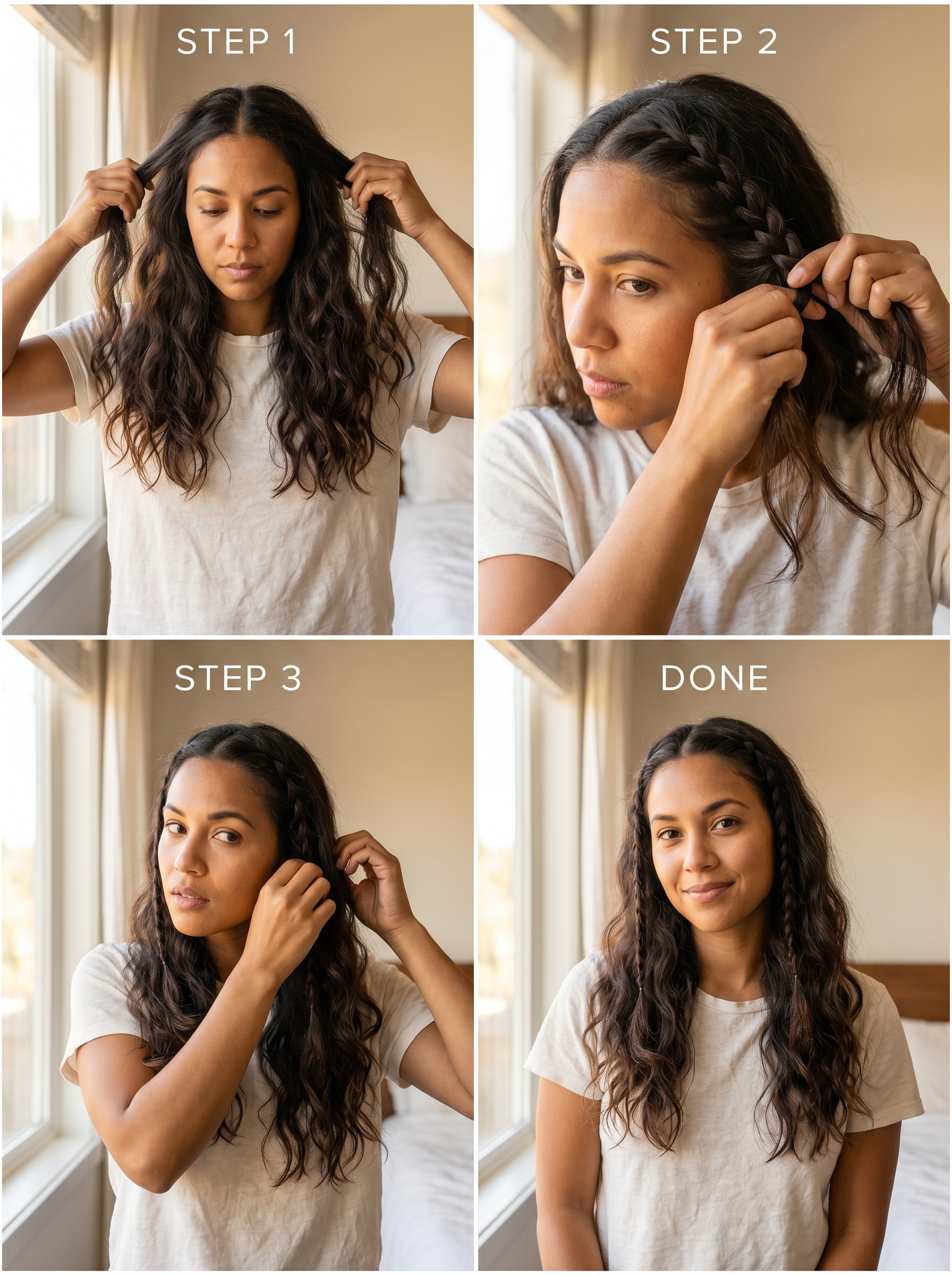 Effortless Scandi Braids: Simple Summer Hairstyles 2026 Air-Dried Scandi-Braid Tendrils with soft waves, a romantic & effortless example of simple summer hairstyles 2026. Great for beach or festival.