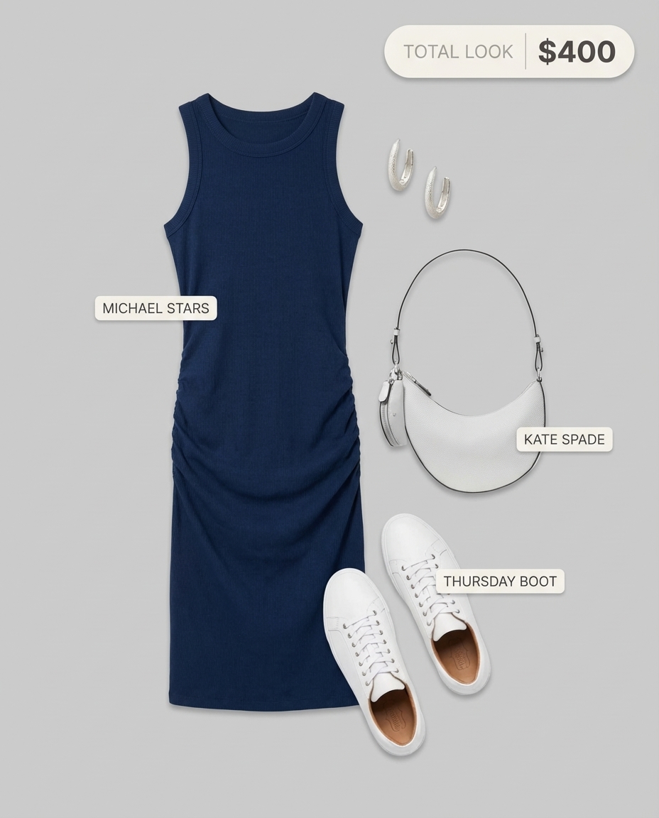 A sleek navy blue ribbed knit midi dress with white leather sneakers and a structured mini shoulder bag, creating an elegant summer athleisure outfit for a casual date.