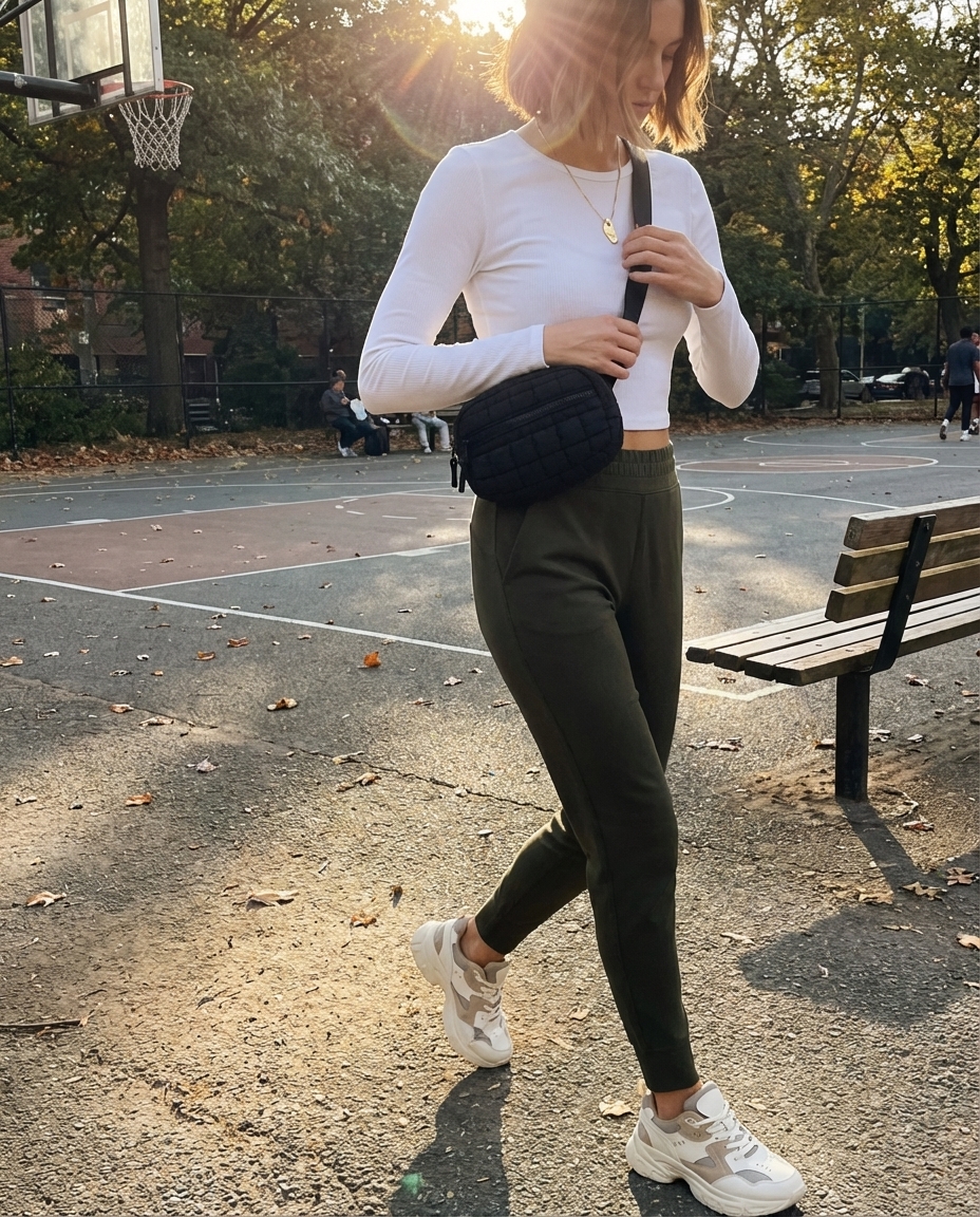 Trendy olive green high-waisted joggers with a white ribbed crop top, cream chunky sole sneakers, a gold pendant, and a black quilted belt bag create a relaxed summer athleisure outfit for city strolls.