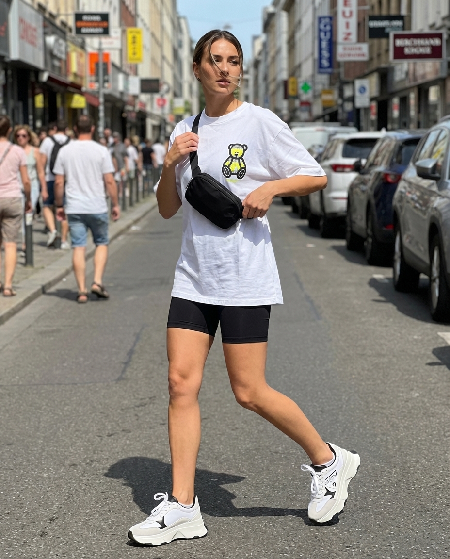 Urban summer athleisure outfit with black biker shorts, a white graphic tee with neon accents, chunky platform sneakers, and a black belt bag for city exploring.