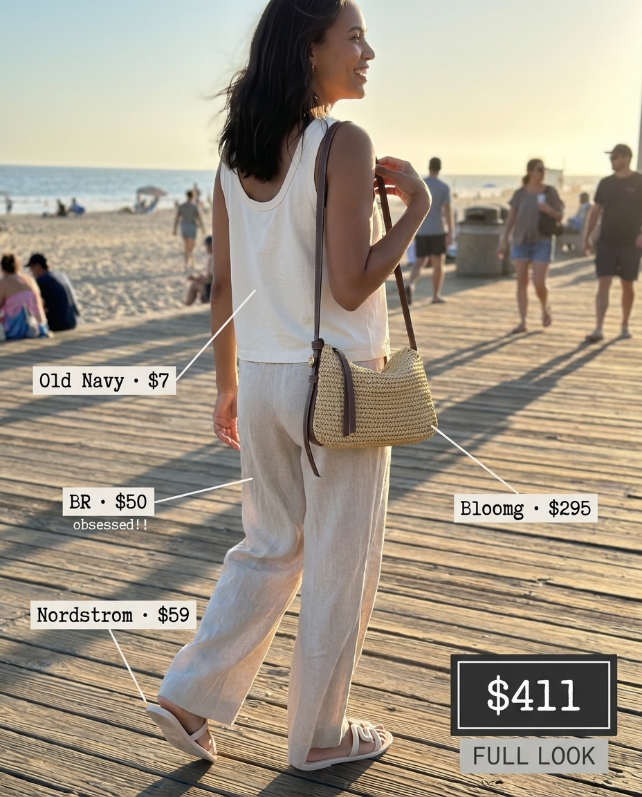 Coastal summer athleisure outfit featuring khaki wide-leg linen pants, a white scoop neck tank top, beige slide sandals, and a straw crossbody bag for a relaxed beach walk.