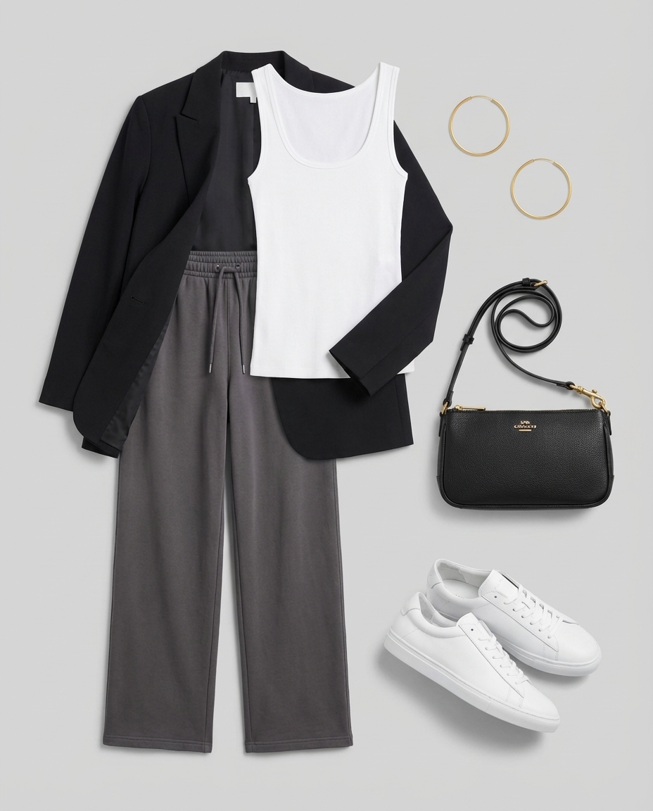 An effortless charcoal grey wide-leg sweatpants, a white tank top, an oversized black blazer, white leather sneakers, and a black shoulder bag form a cool summer athleisure outfit for a coffee run.