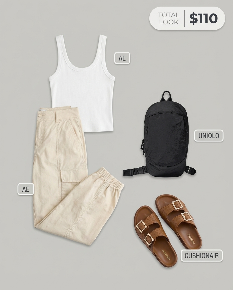 Cozy beige high-waisted cargo pants with a white ribbed tank top, brown slide sandals, and a black baseball cap for a relaxed summer athleisure outfit perfect for a coffee run.