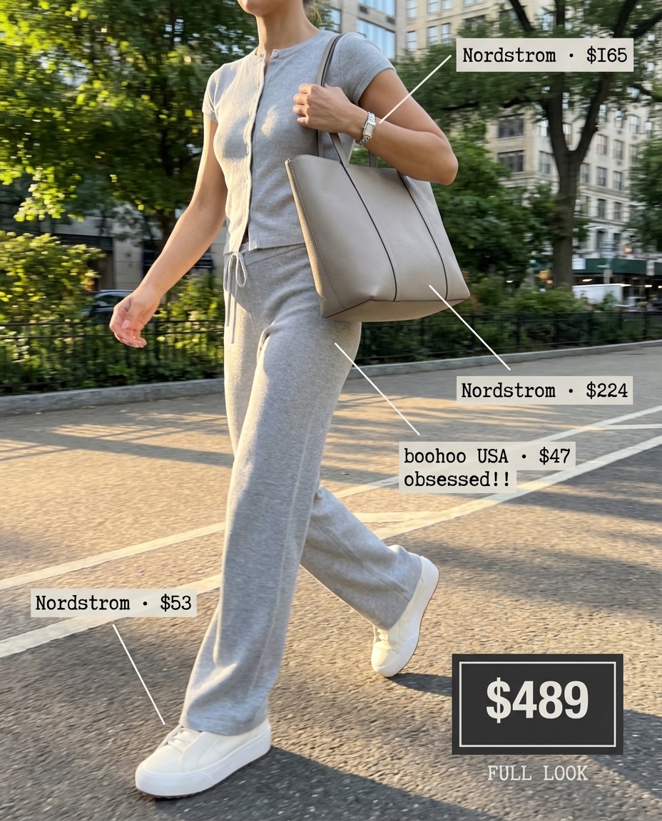 Luxurious summer athleisure commuter style: soft grey cashmere knit top and wide-leg pants set, white leather slip-on sneakers, and a large grey tote bag.