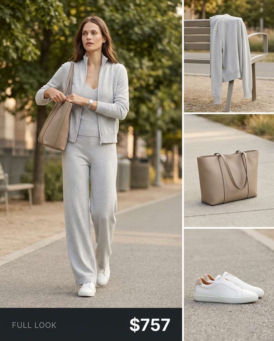 Luxurious soft grey cashmere blend short-sleeve top and wide-leg pants make a sophisticated summer athleisure outfit, paired with sleek white leather slip-on sneakers and a light grey structured tote bag.