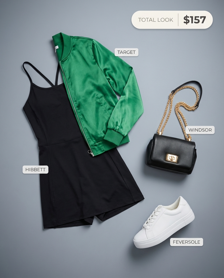 Modern summer athleisure outfit with a black athletic mini dress, an emerald green satin bomber jacket, white platform sneakers, and a chain strap mini bag.
