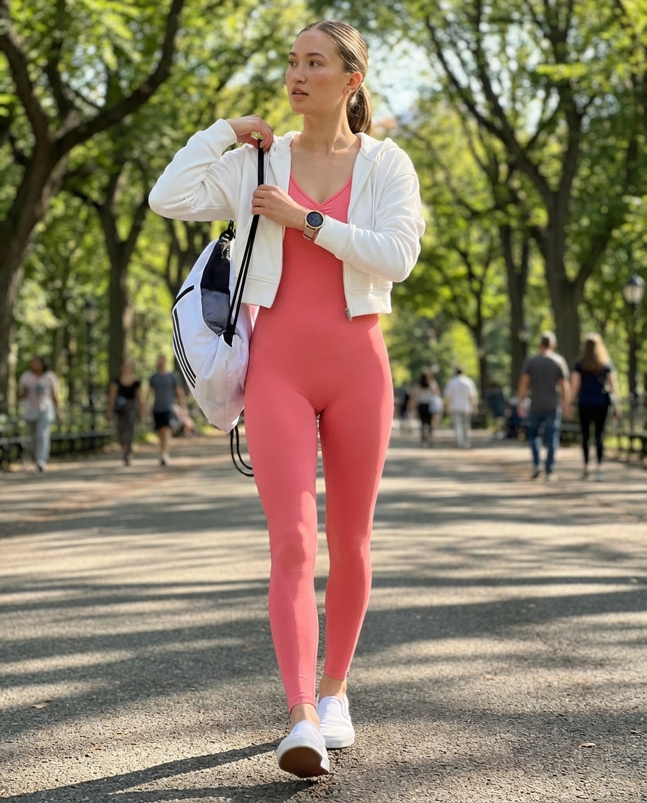 Sleek coral pink unitard athleisure outfit, paired with a white cropped hoodie, white slip-on sneakers, and a rose gold smart watch for early morning activities.
