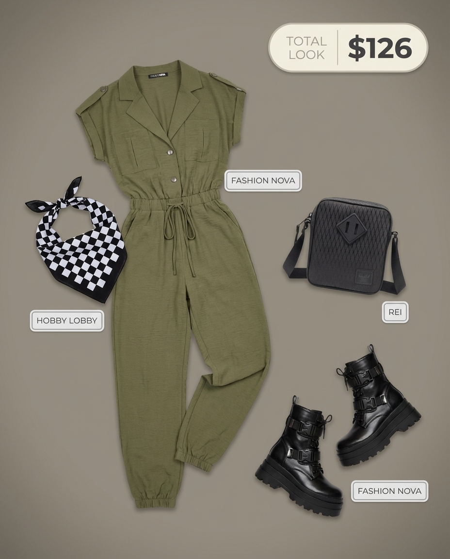 Adventurous summer athleisure festival outfit: khaki utility jumpsuit, black combat boots, a canvas crossbody, and a checkered bandana for a playful edge.